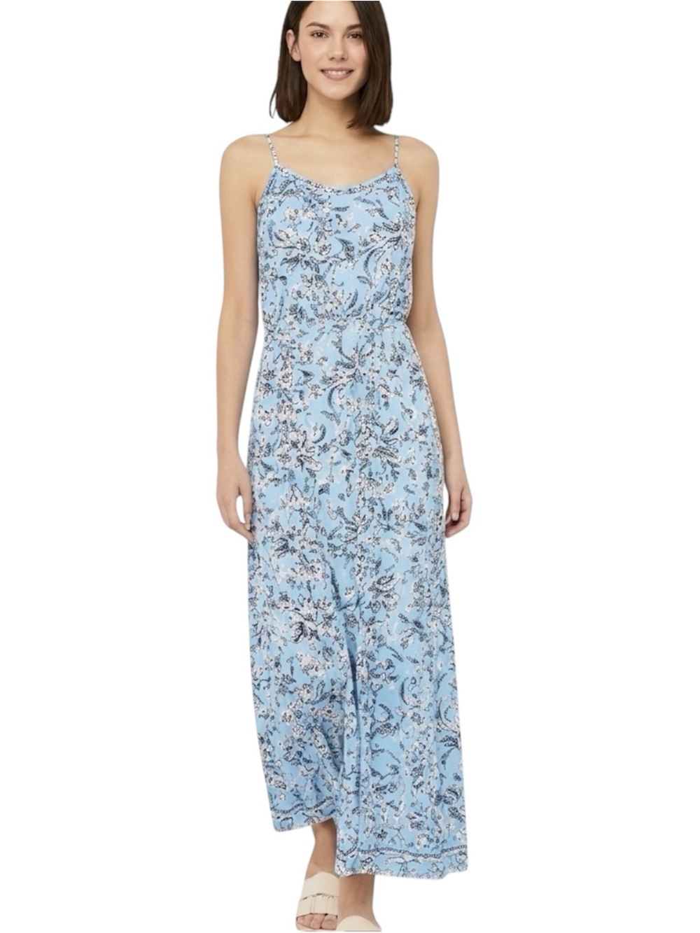 Pink Rose Blue Floral Halter Cut Out Back Spaghetti Strap Midi Dress Size Small